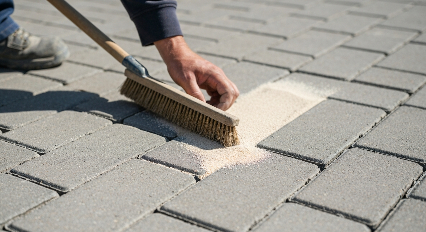 Polymeric sand being swept into paver joints before sealing