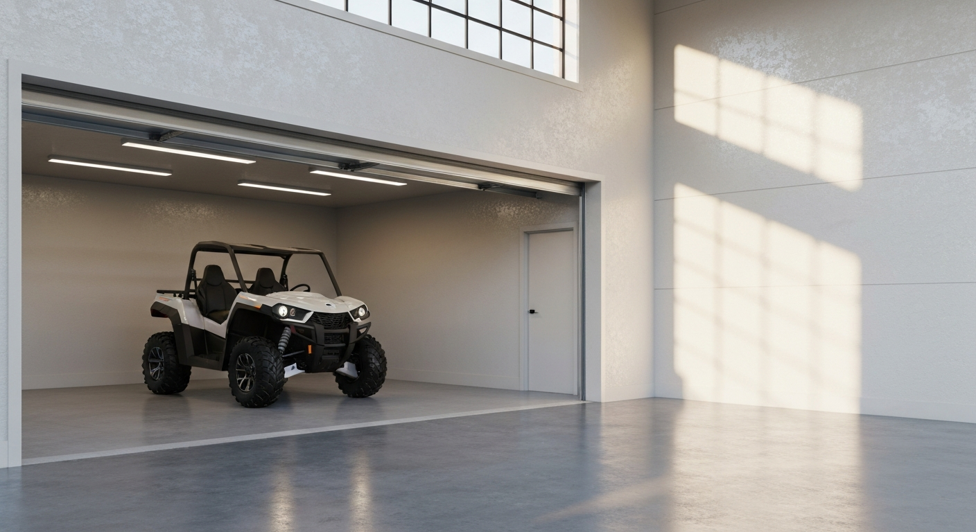 Full-flake garage with ATV parked