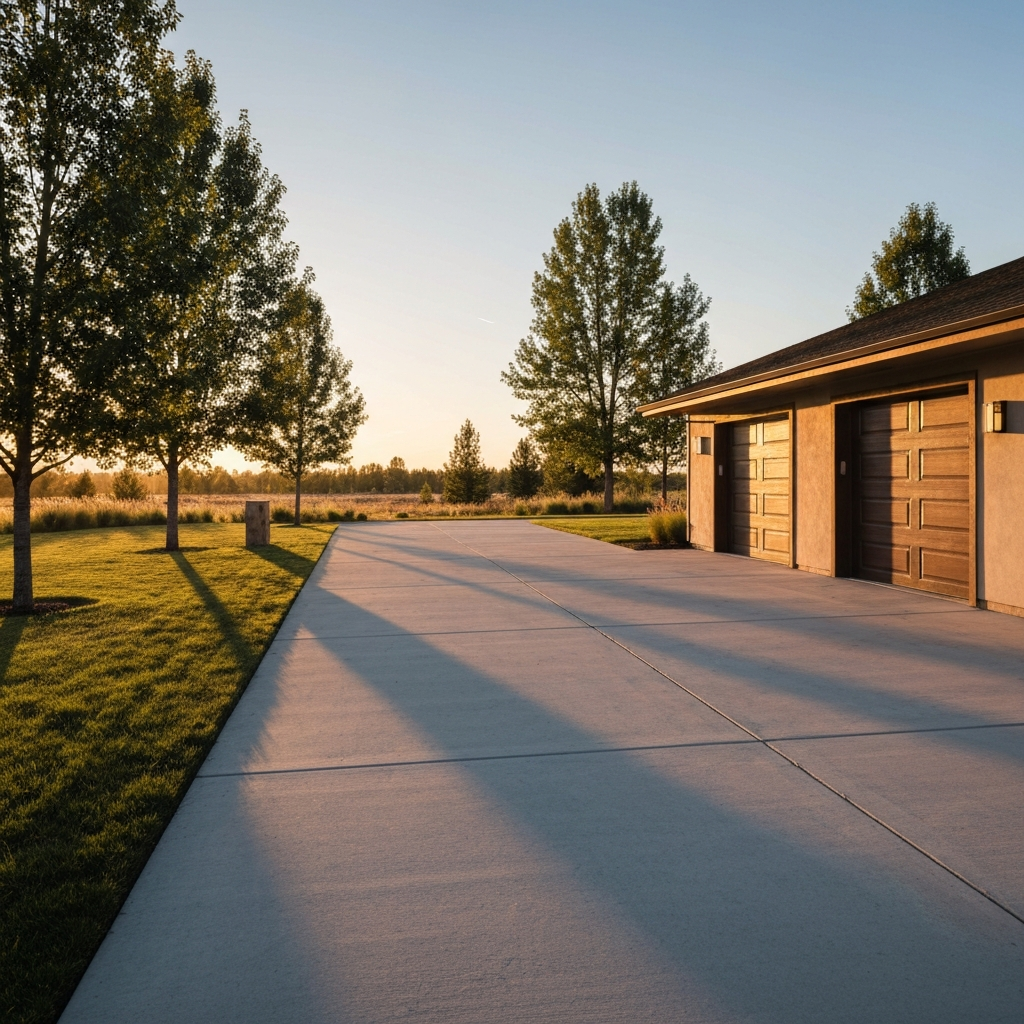 Clean Montana driveway and garage exterior at golden hour