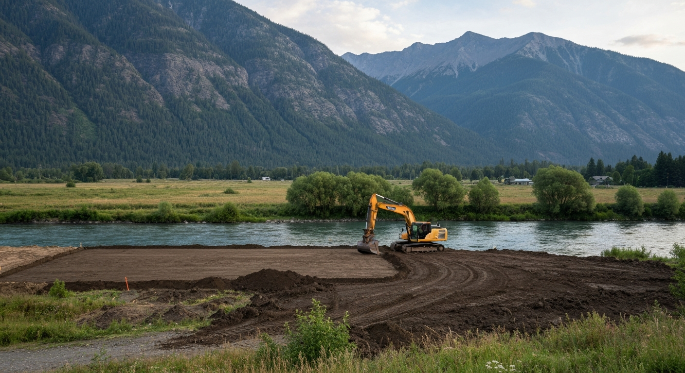 Photorealistic excavator grading a rural Flathead Valley building lot, mountains behind, no signage
