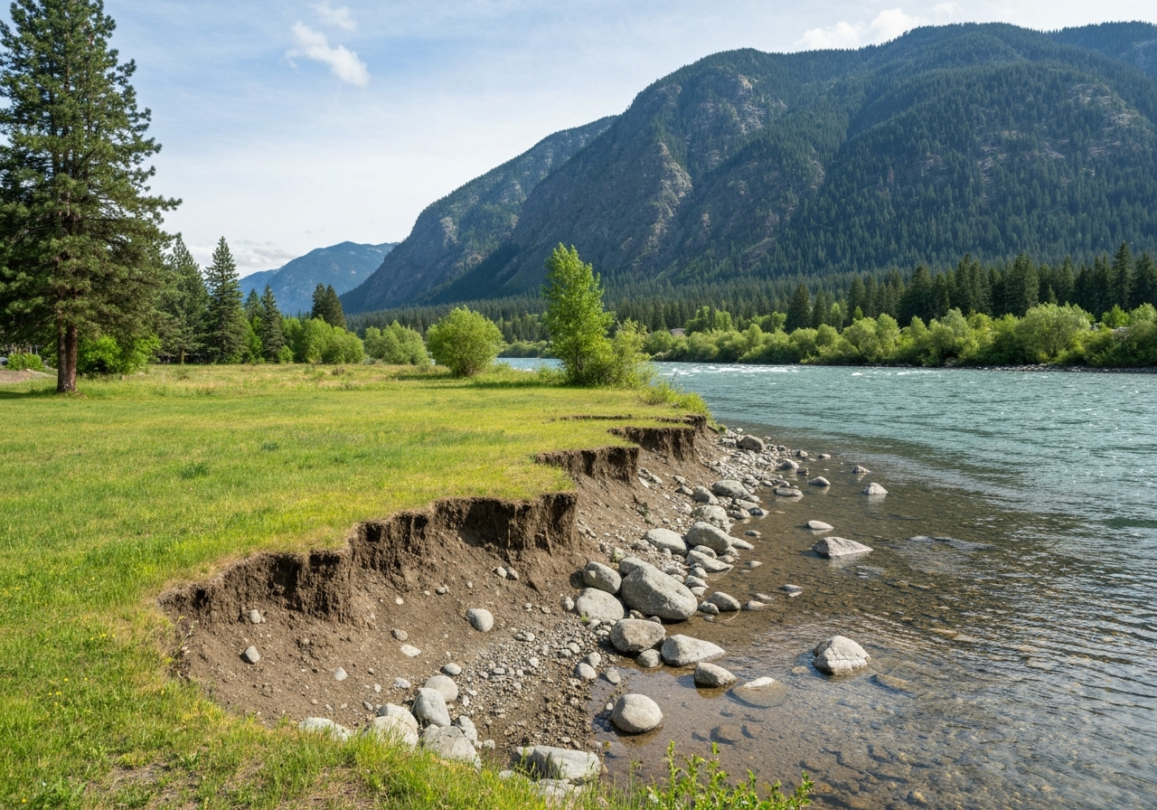 Columbia Falls riverside lot with drainage challenge and mountain backdrop