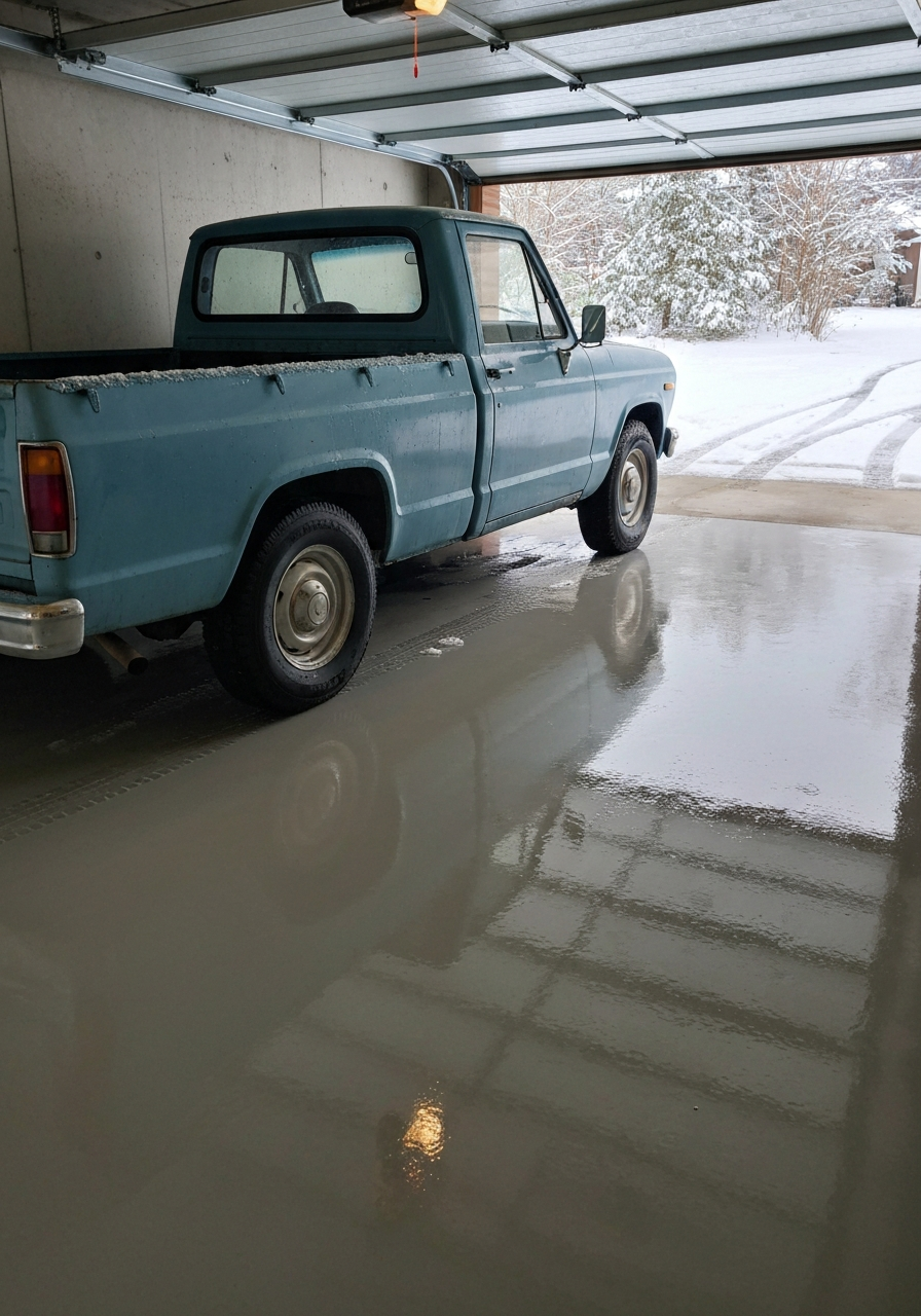Pickup truck parked inside a garage on a glossy light-gray coated floor with melting snow dripping off it