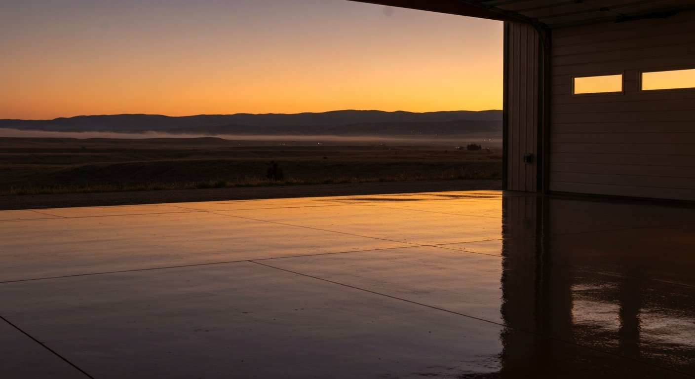 Dusk over the Tobacco Valley, warm garage light over a coated floor, northern Montana landscape in the distance