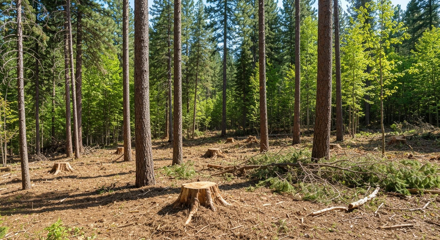 Photorealistic brush and stump removal on a wooded lot, land clearing