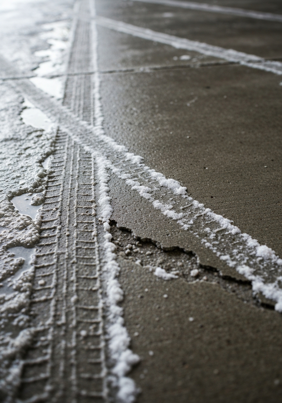 Close-up of a badly pitted and spalled bare concrete garage floor with white salt staining in the tire paths and flaking surface