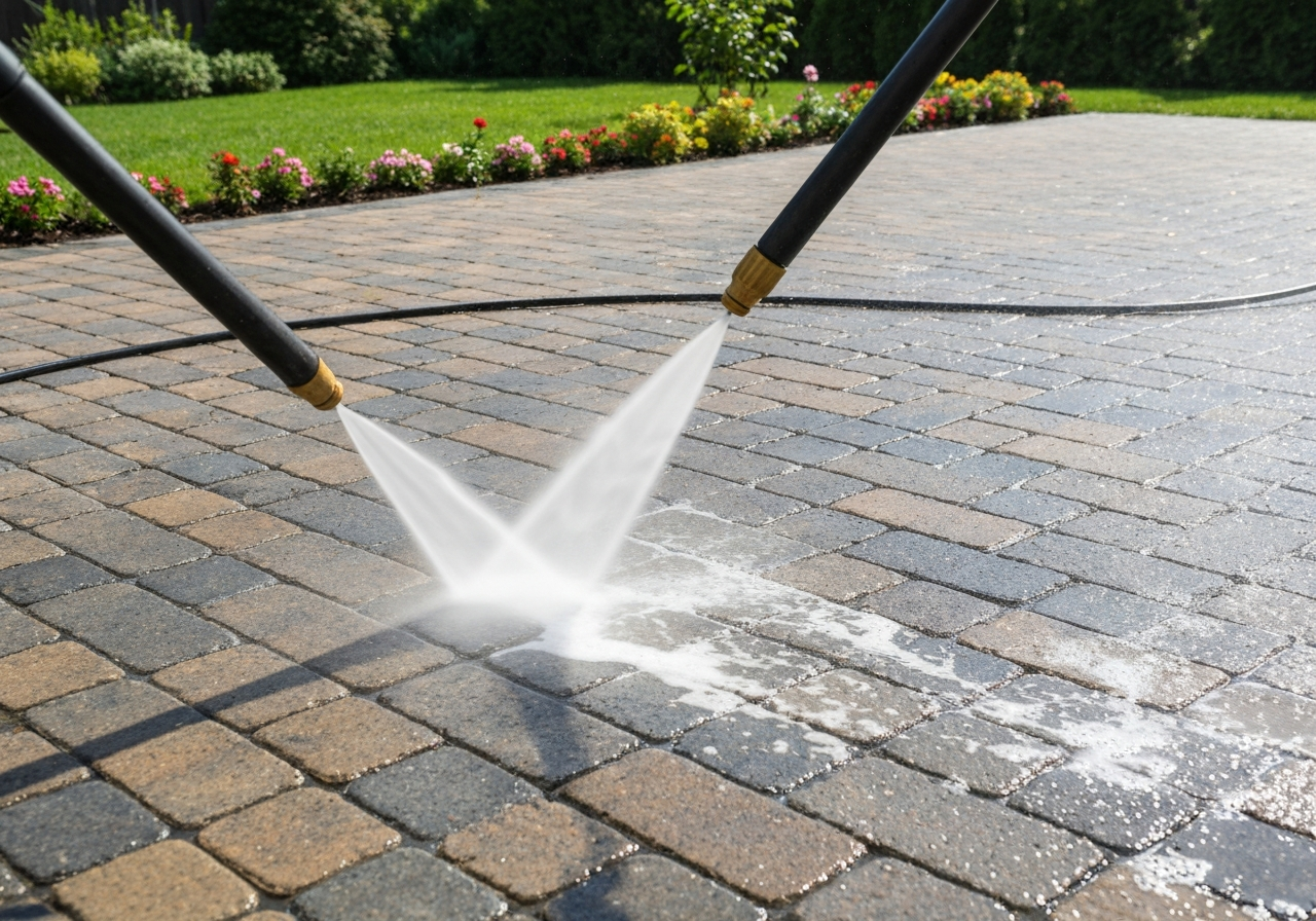 Pressure washer cleaning a paver patio