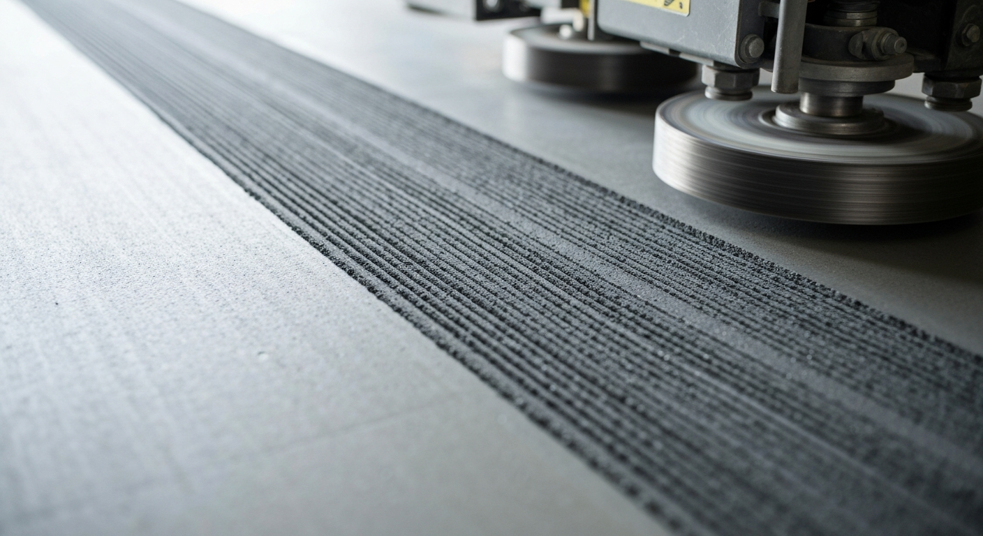close-up of mechanical diamond grinding on a garage slab, surface profile texture visible in the ground swath