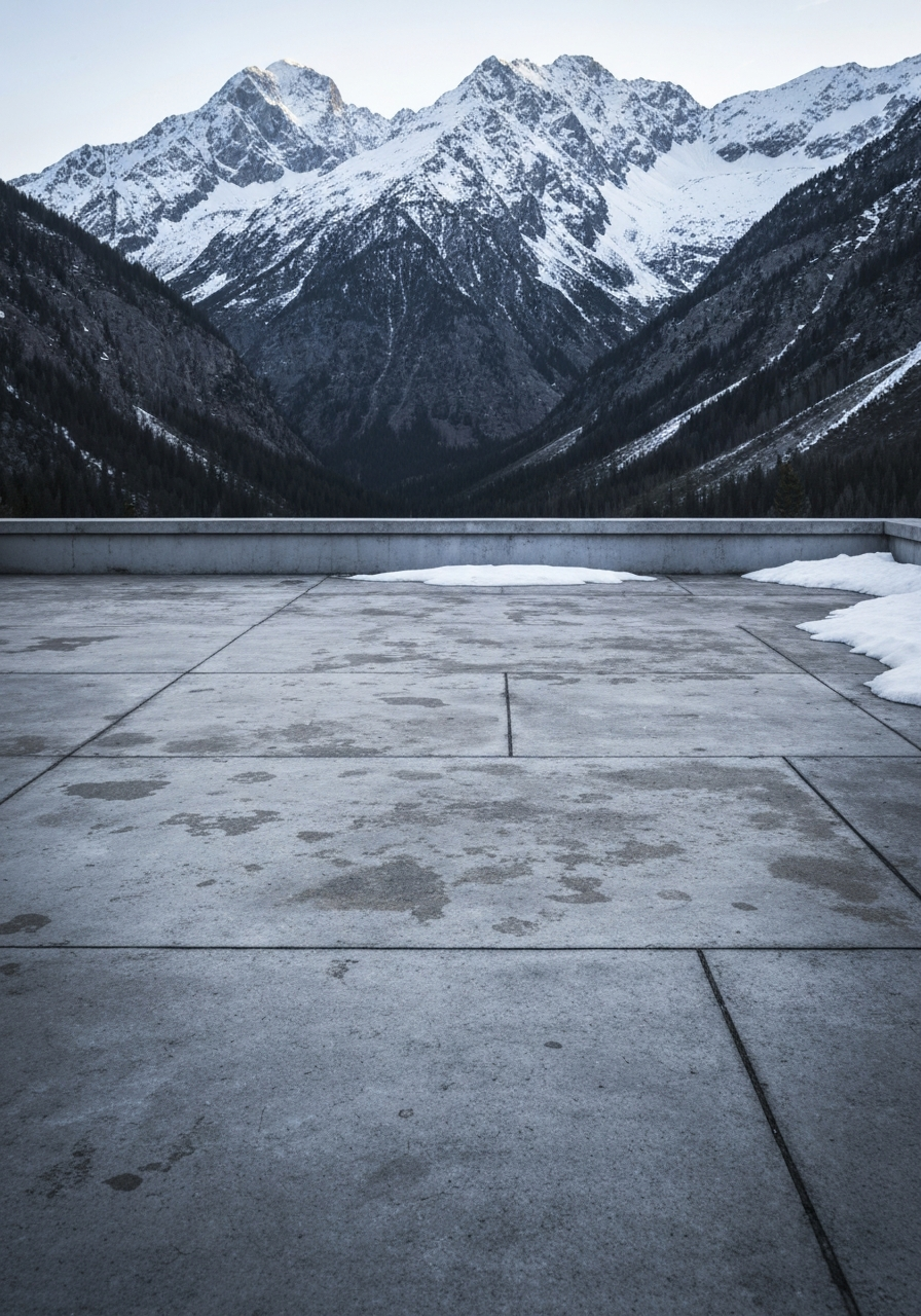 Weathered bare concrete patio with blotchy staining and surface wear, melting snow at edges