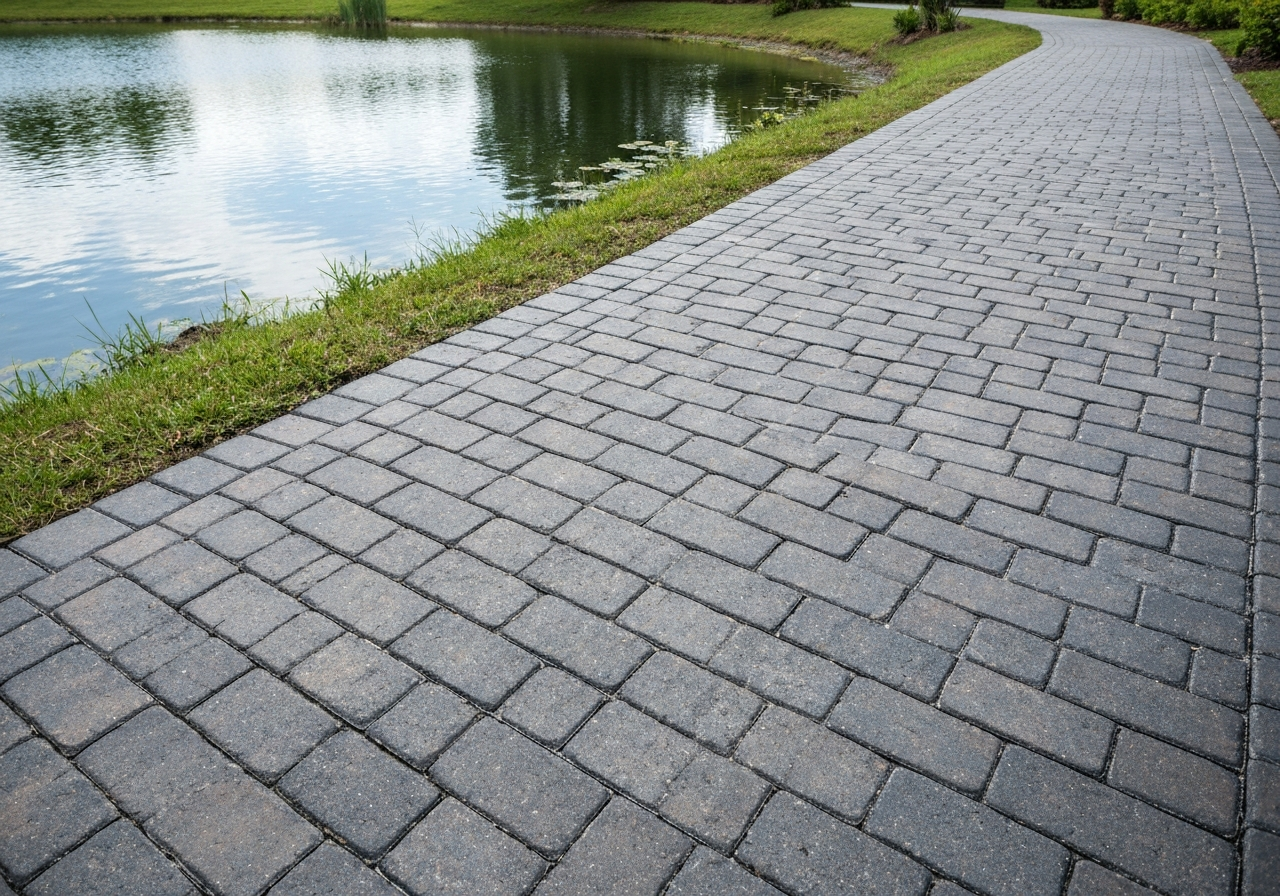 Paver walkway freshly sealed near water