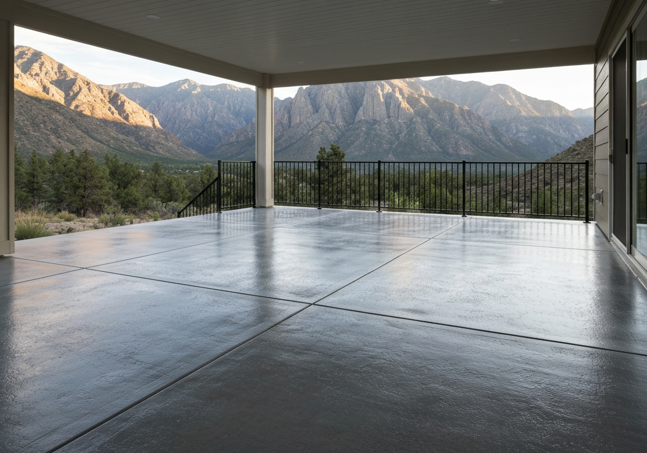 Covered concrete patio with a clean UV-stable coated surface, mountain backdrop