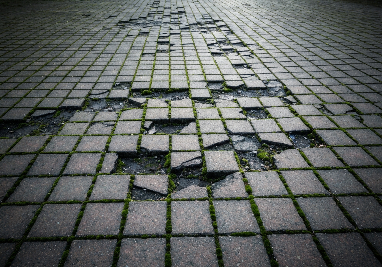 Shaded front paver walkway with moss, pitting, and winter ice-melt damage