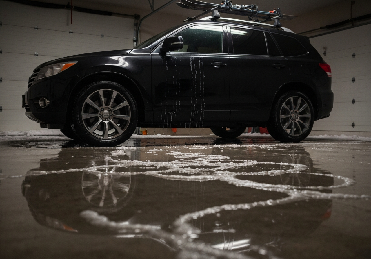 SUV dripping slush onto a bare concrete heated-garage floor, ski rack on the roof, meltwater pooling