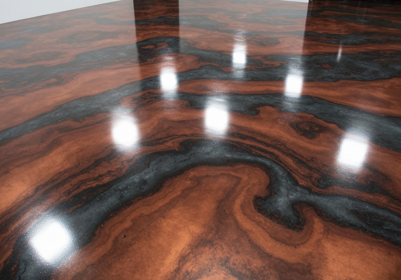 Deep marbled copper-and-charcoal metallic epoxy floor with a mirror finish