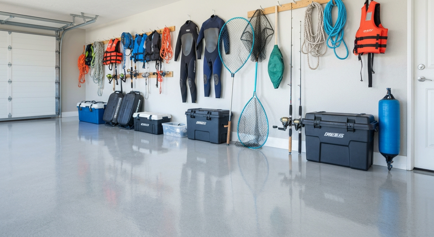 Epoxy garage floor with fishing gear, wet-suits, and dock equipment organized along wall