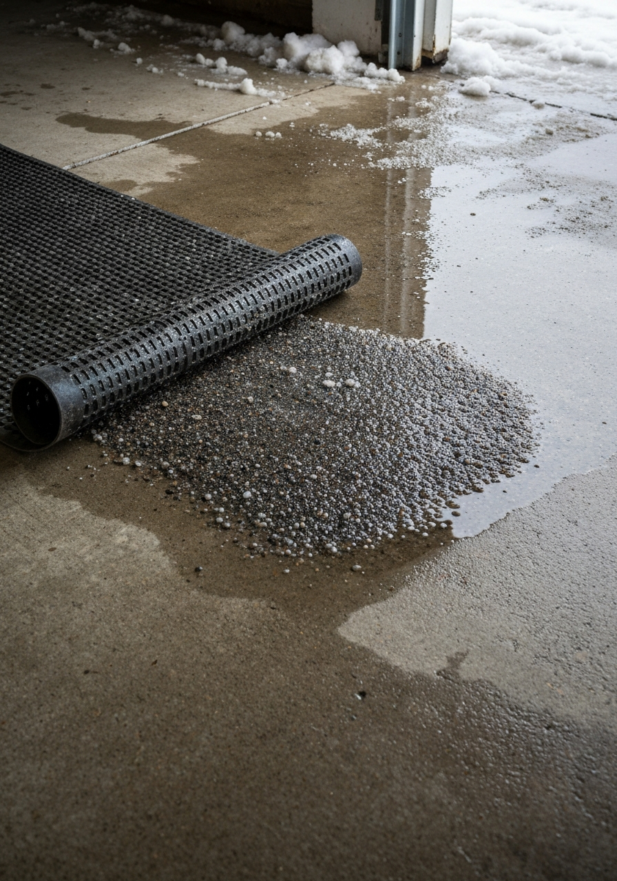 Bare concrete garage floor partially covered by a curled rubber parking mat revealing wet salt stains