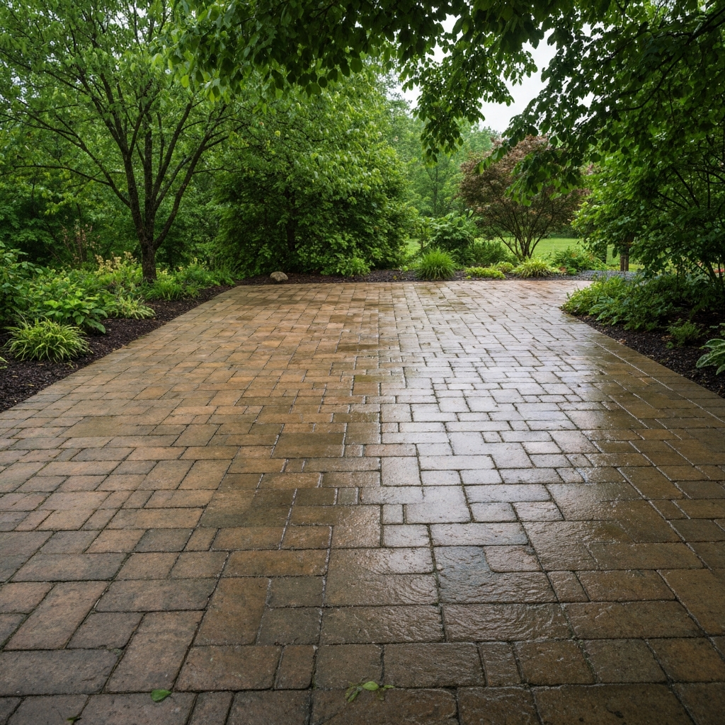 Somers seasonal paver patio showing lake moisture conditions and shade