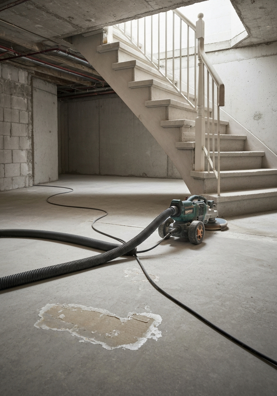 Dust-controlled grinder profiling a basement slab beside a stairwell