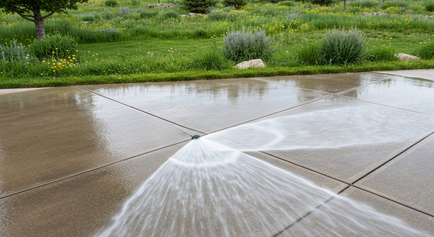 A concrete driveway or patio being pressure washed clean in spring, wet surface with a fan spray, Montana yard in the background