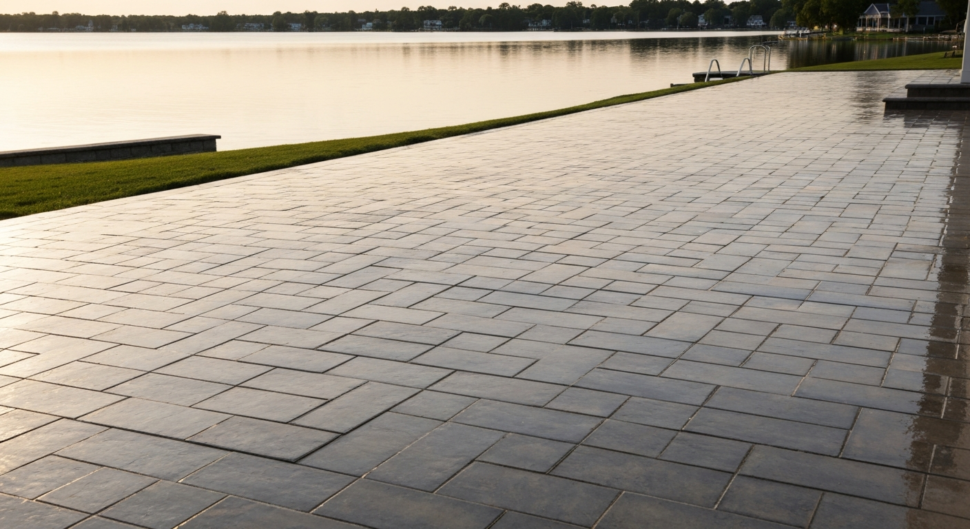 Freshly sealed lakefront paver patio with wet-look finish