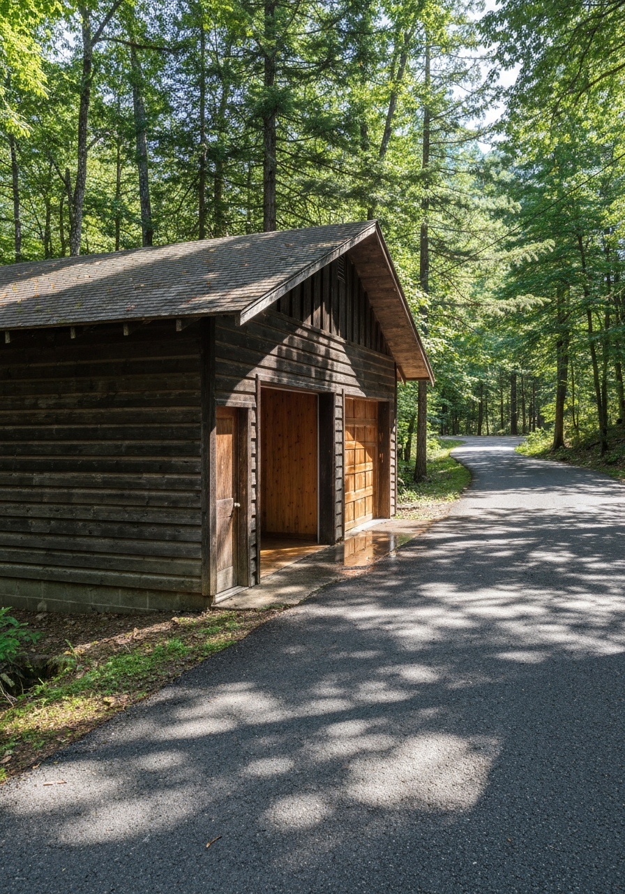 Cabin garage along a forested road with a clean coated floor