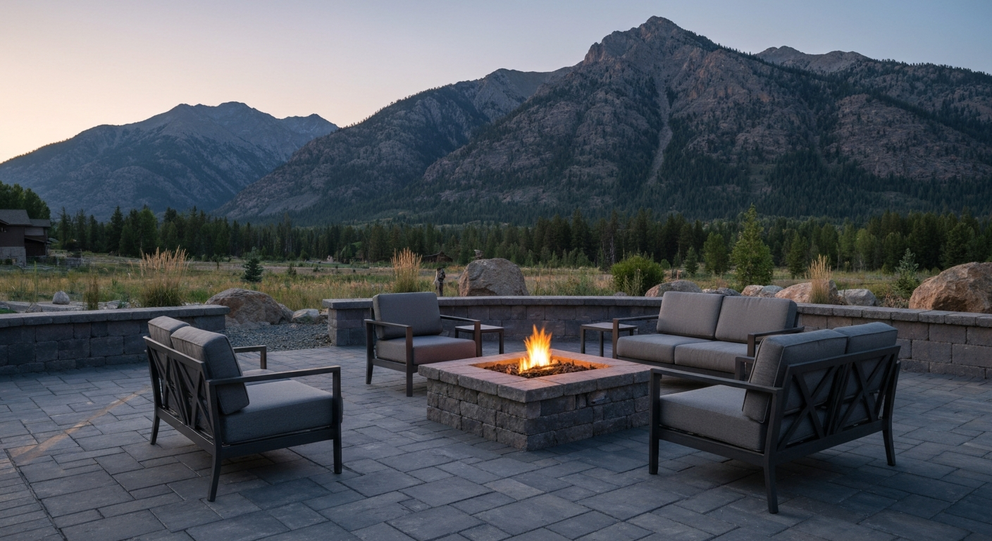 Photorealistic sealed paver patio with outdoor furniture and fire pit, Montana evening light, mountains behind