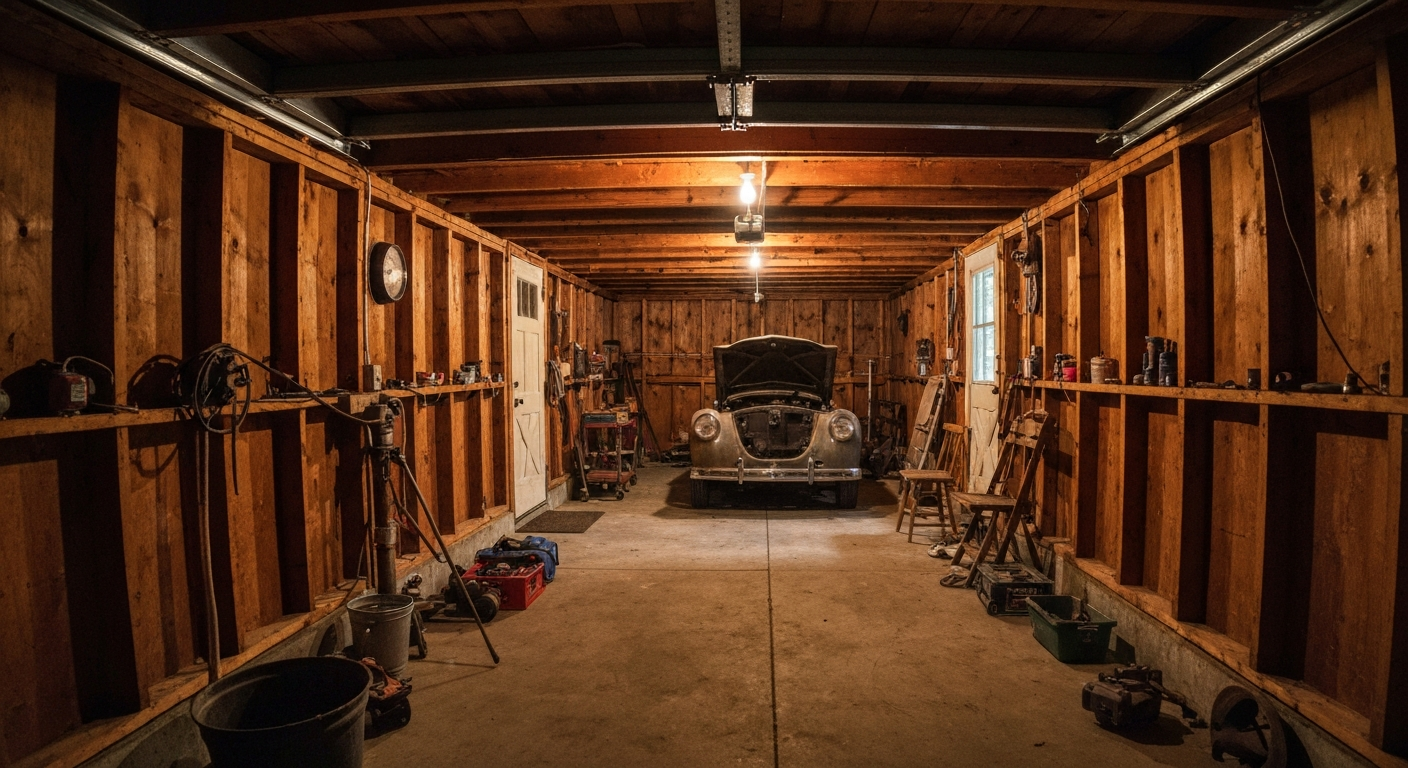 Flake-coated rural cabin garage interior