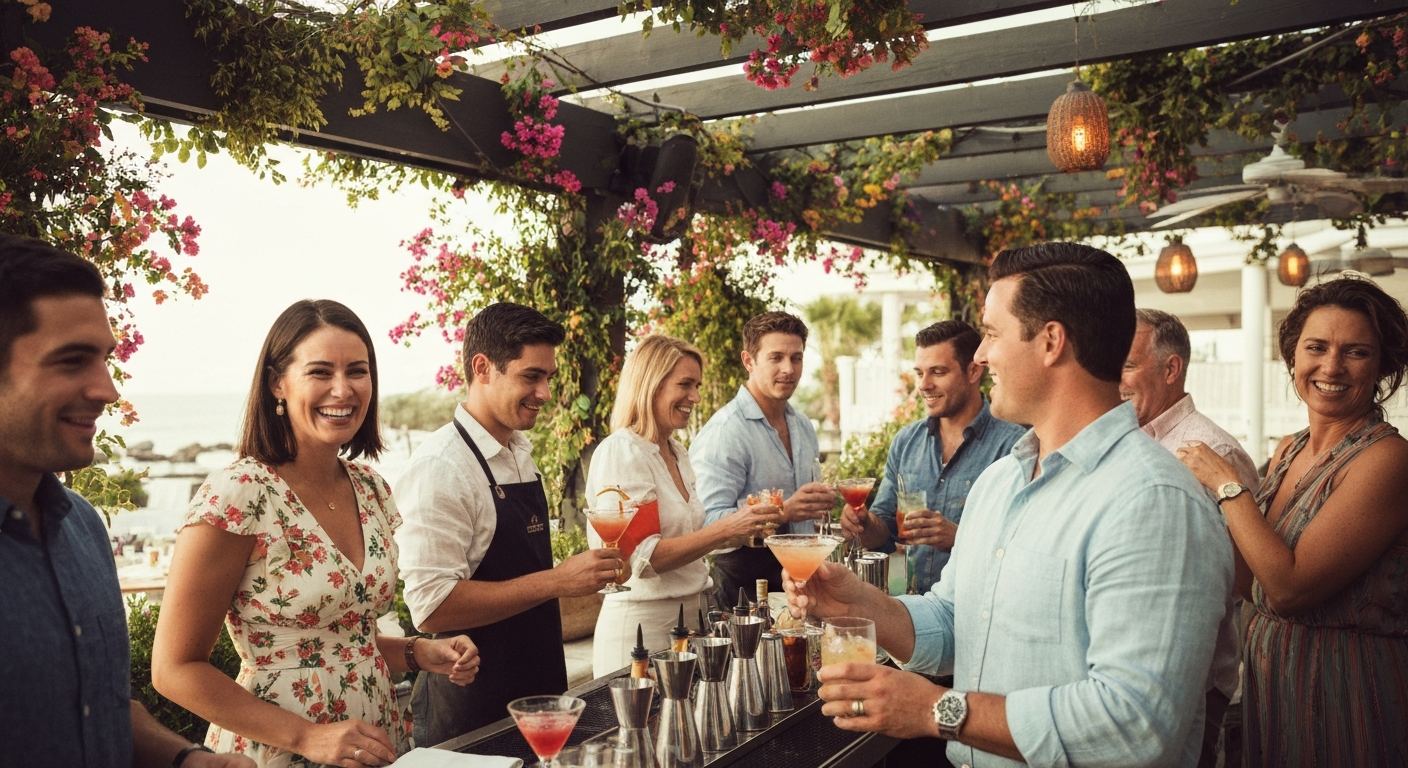 Guests celebrating under the pergola
