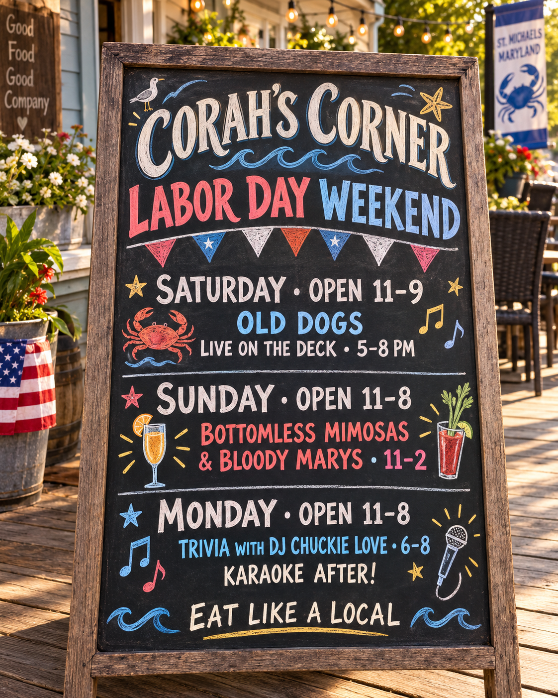 Corah's Corner Daily & Labor Day Weekend Specials Chalkboard
