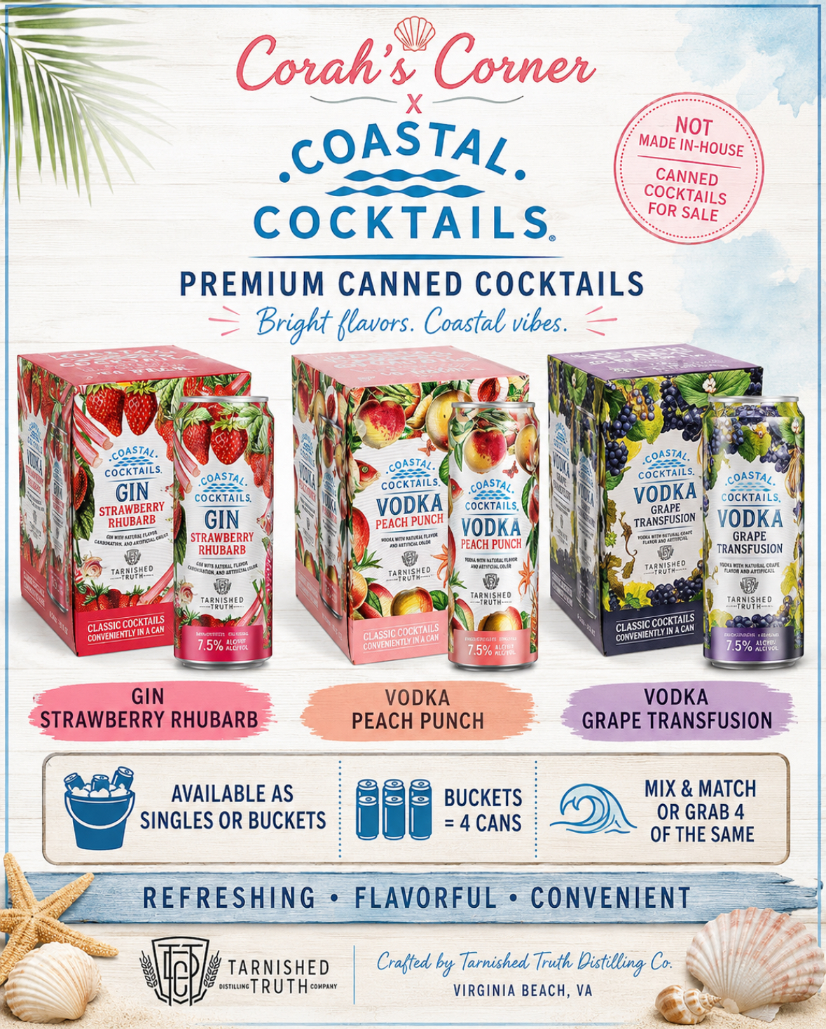 Corah's Corner x Coastal Cocktails - Premium Canned Cocktails including Gin Strawberry Rhubarb, Vodka Peach Punch, and Vodka Grape Transfusion