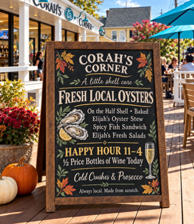 Today's chalkboard at Corah's Corner: A little shell care, Fresh Local Oysters on the half shell and baked, Elijah's oyster stew, spicy fish sandwich, happy hour 11-4