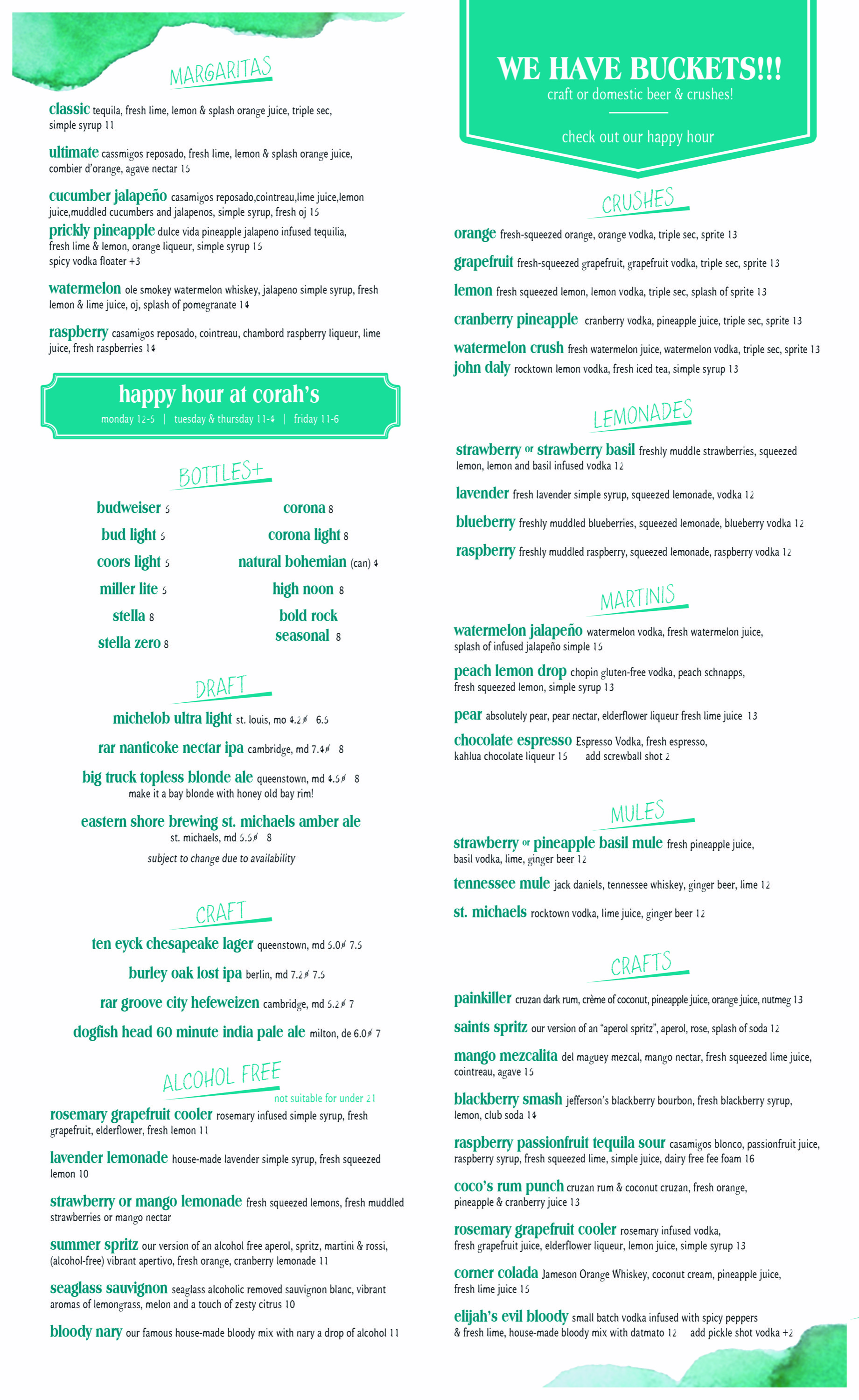 Corah's Corner Drinks Menu