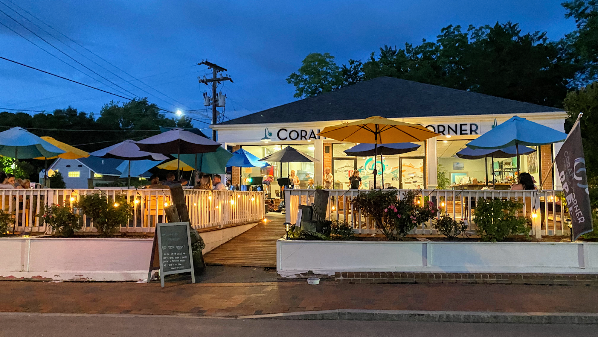 Corah's Corner Exterior at Dusk