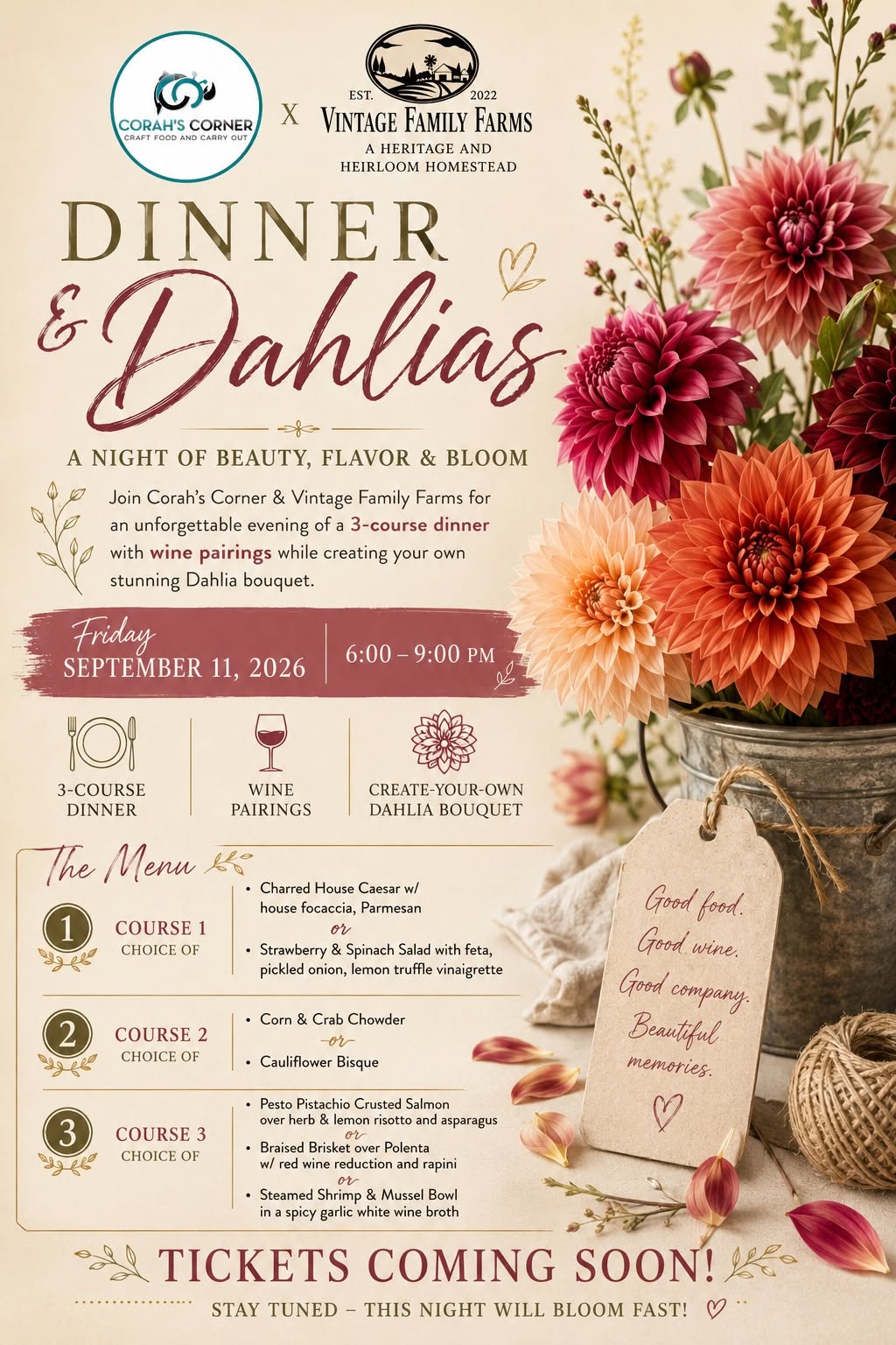 Dinner & Dahlias 🌸🍷