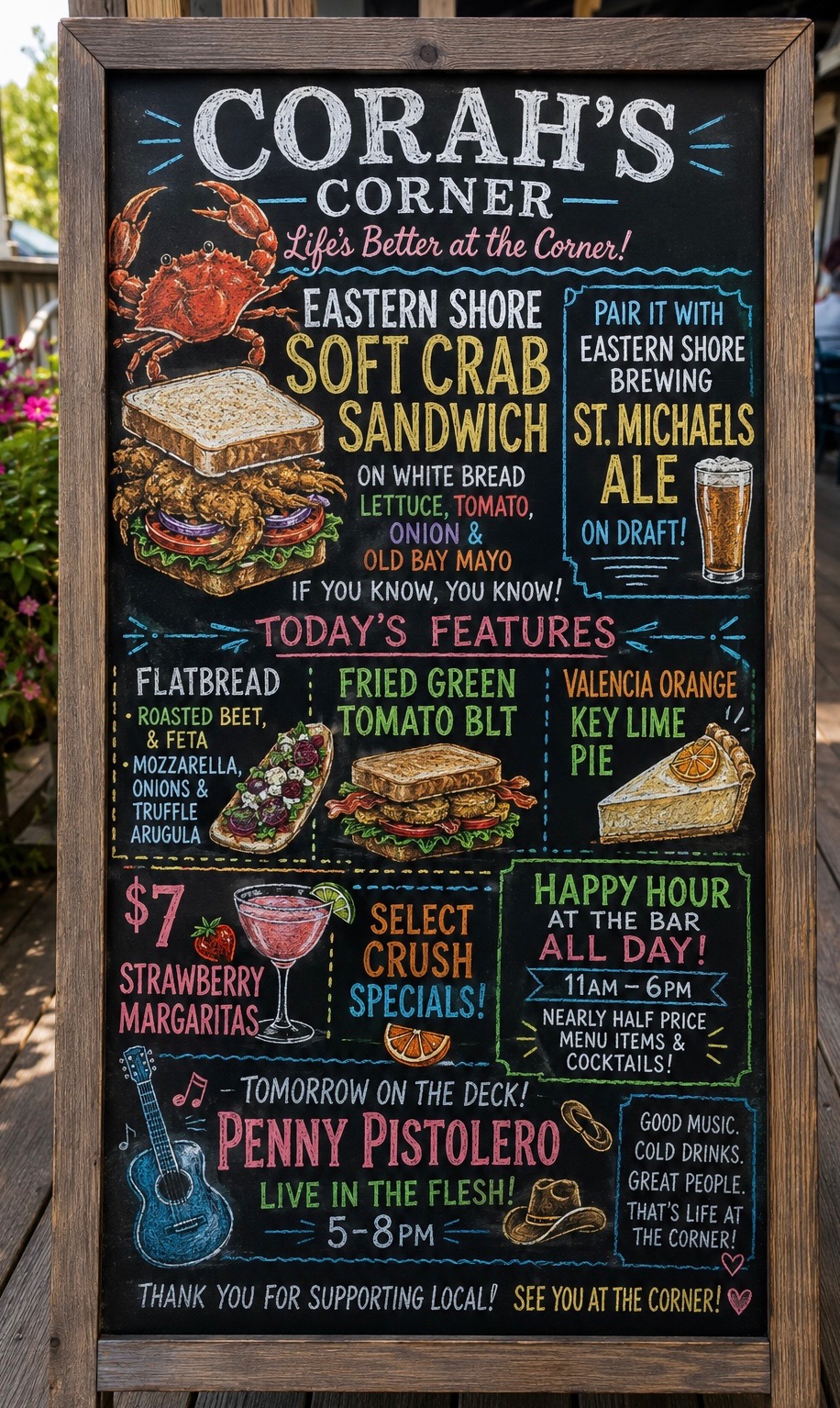 Corah's Corner Daily Specials Chalkboard - Soft Crab Sandwich, Flatbread, Fried Green Tomato BLT, Valencia Orange Key Lime Pie