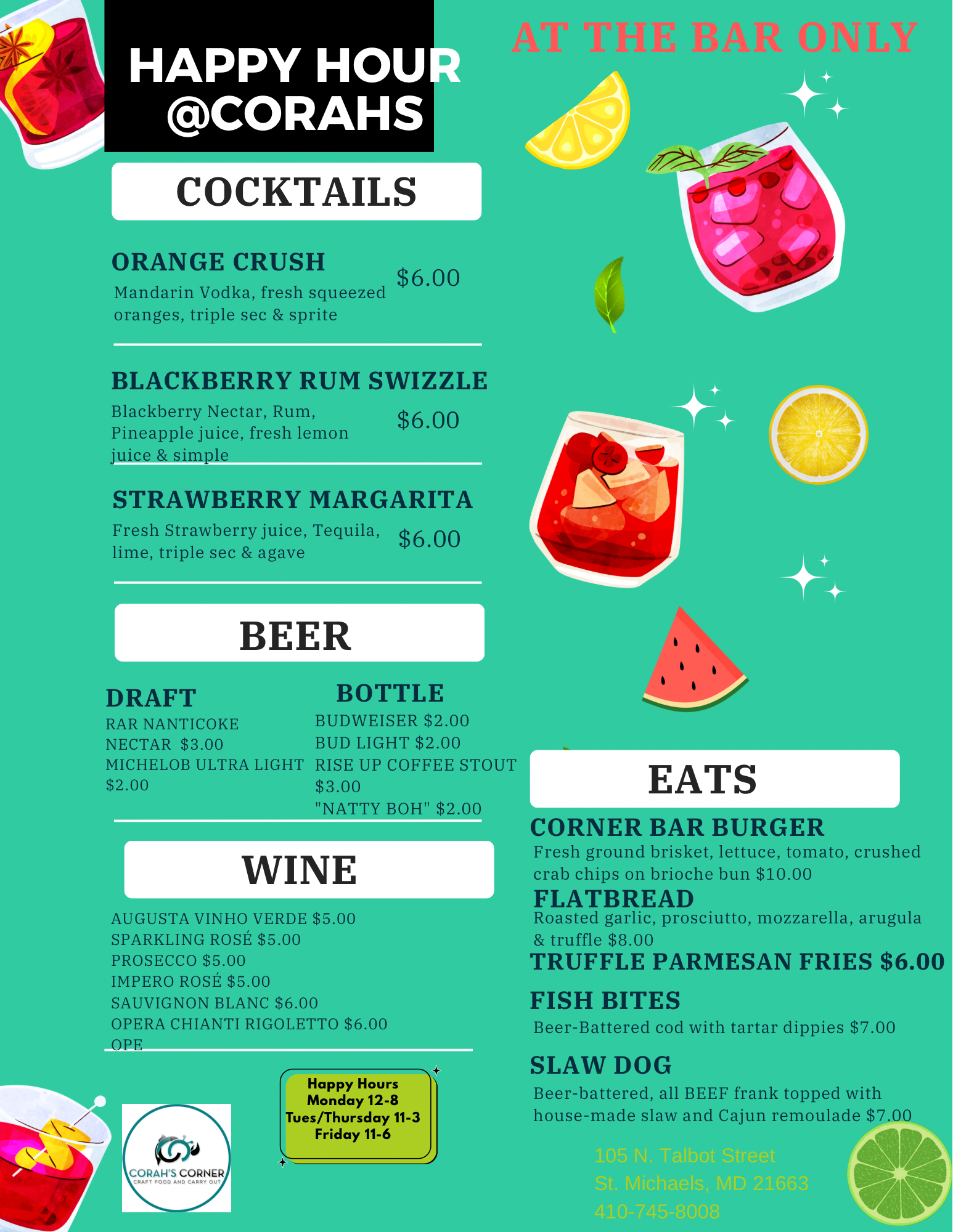 Happy Hour at Corahs - Cocktails, Beer, Wine & Eats