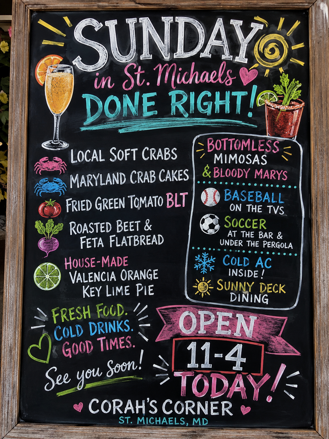 Corah's Corner Daily Specials Chalkboard - Sunday Specials