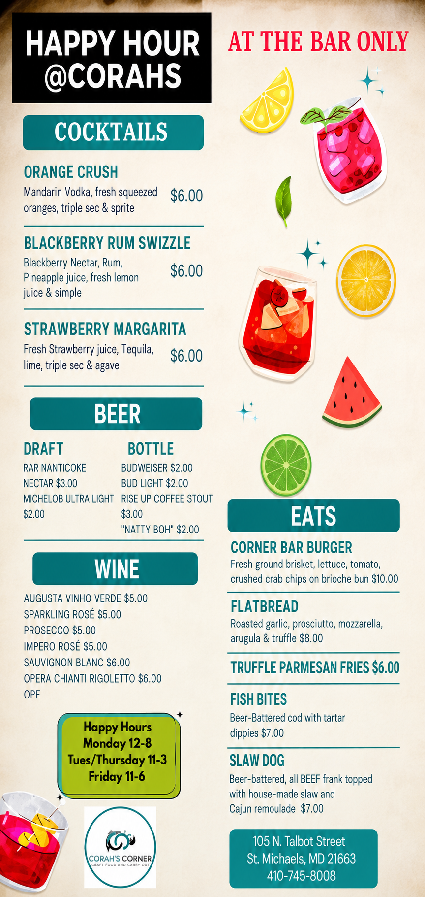 Happy Hour at Corahs - Cocktails, Beer, Wine & Eats
