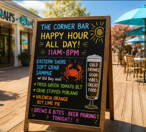 Corner Bar Happy Hour All Day 11AM-8PM Specials Chalkboard