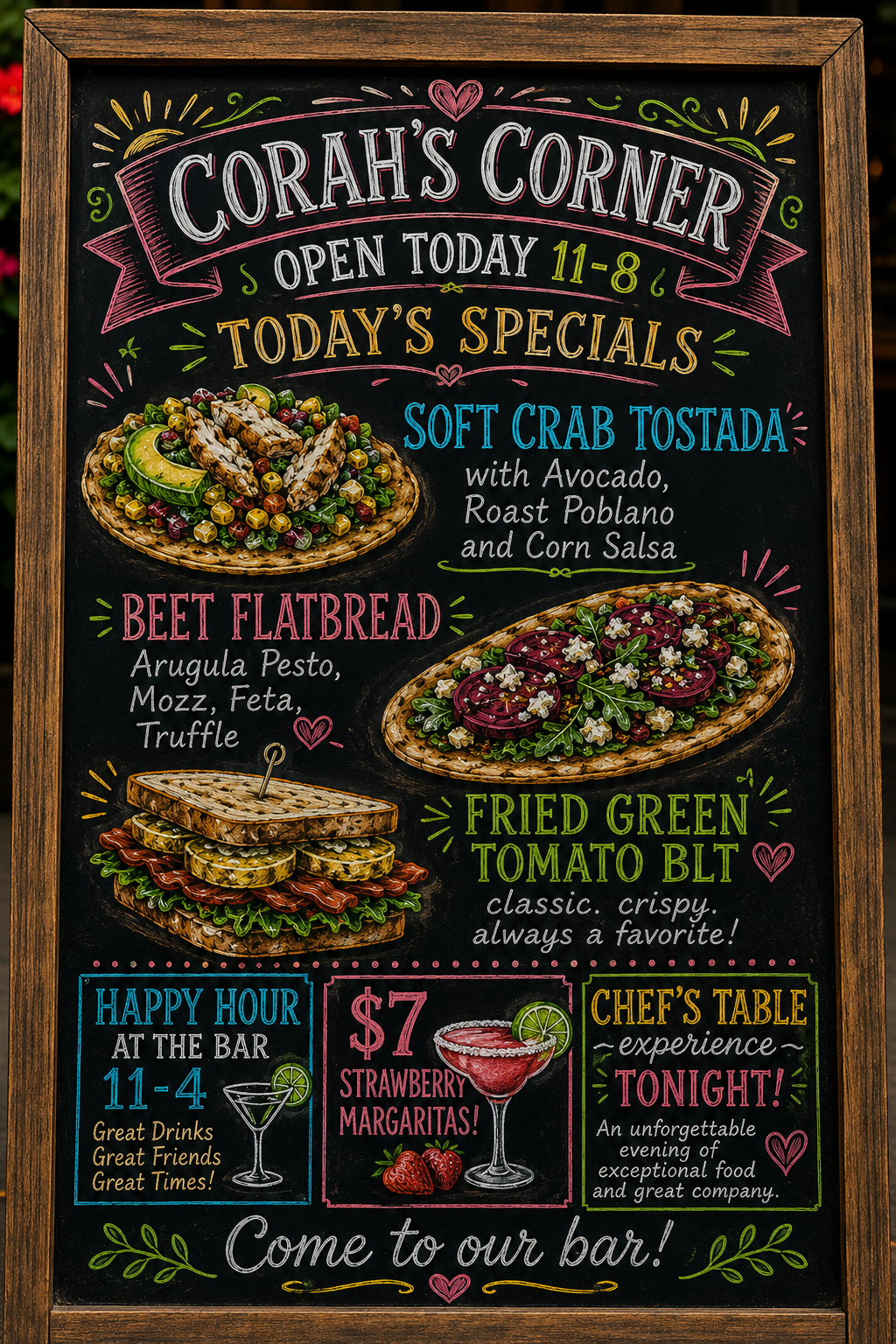 Corah's Corner Daily Specials Chalkboard