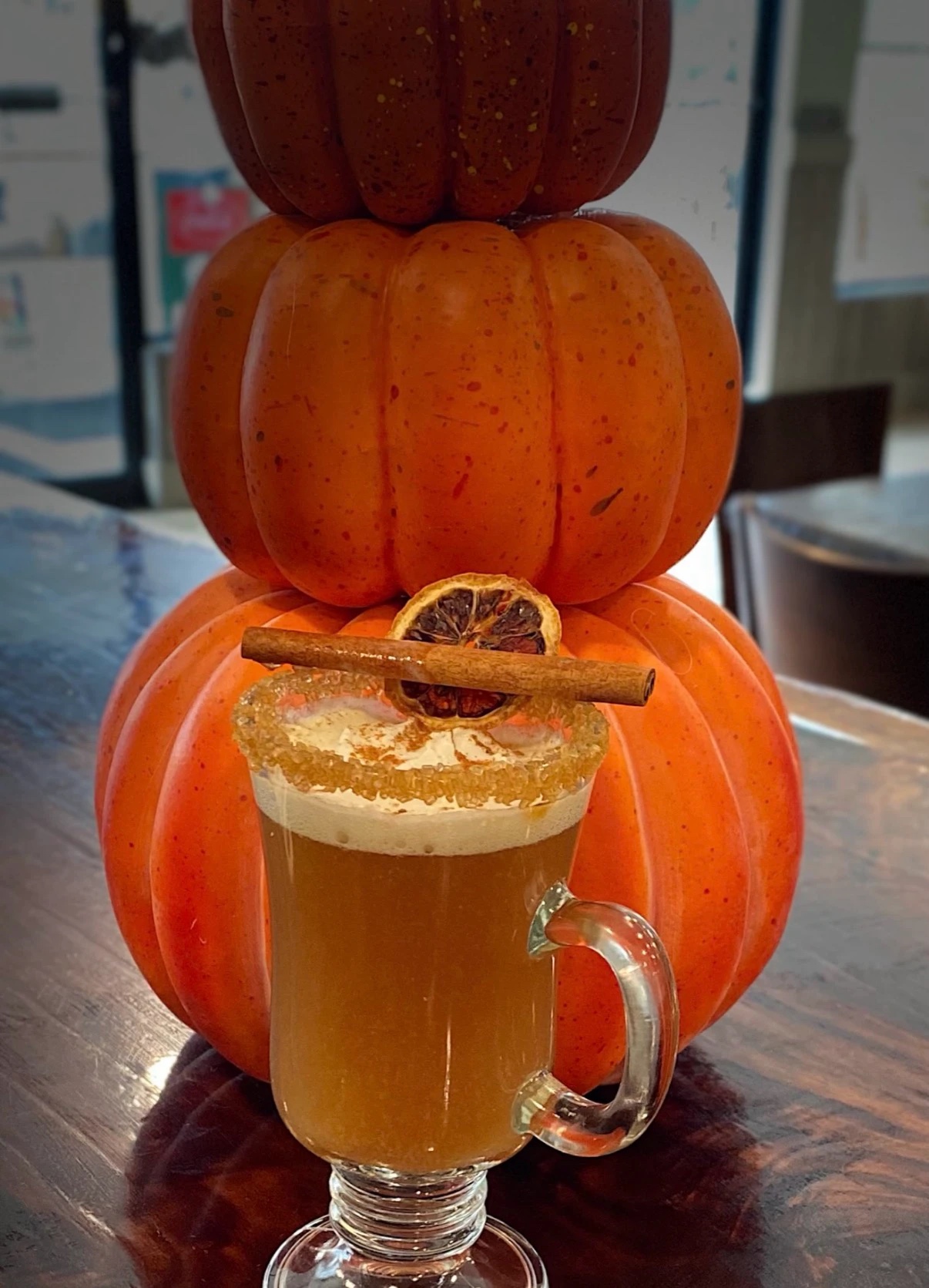 Hot apple cider with a cinnamon stick and dried orange at Corah's Corner, St. Michaels MD