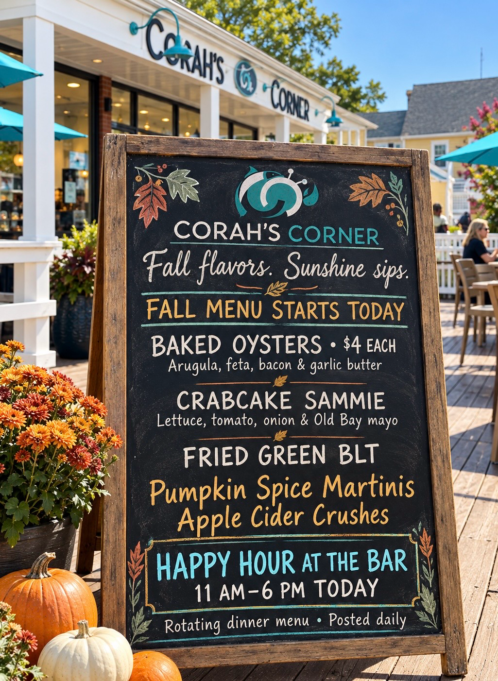 Corah's Corner Daily Specials - Fall Menu Starts Today, Baked Oysters, Crabcake Sammie, Fried Green BLT, Pumpkin Spice Martinis, Apple Cider Crushes, Happy Hour at the Bar 11 AM - 6 PM