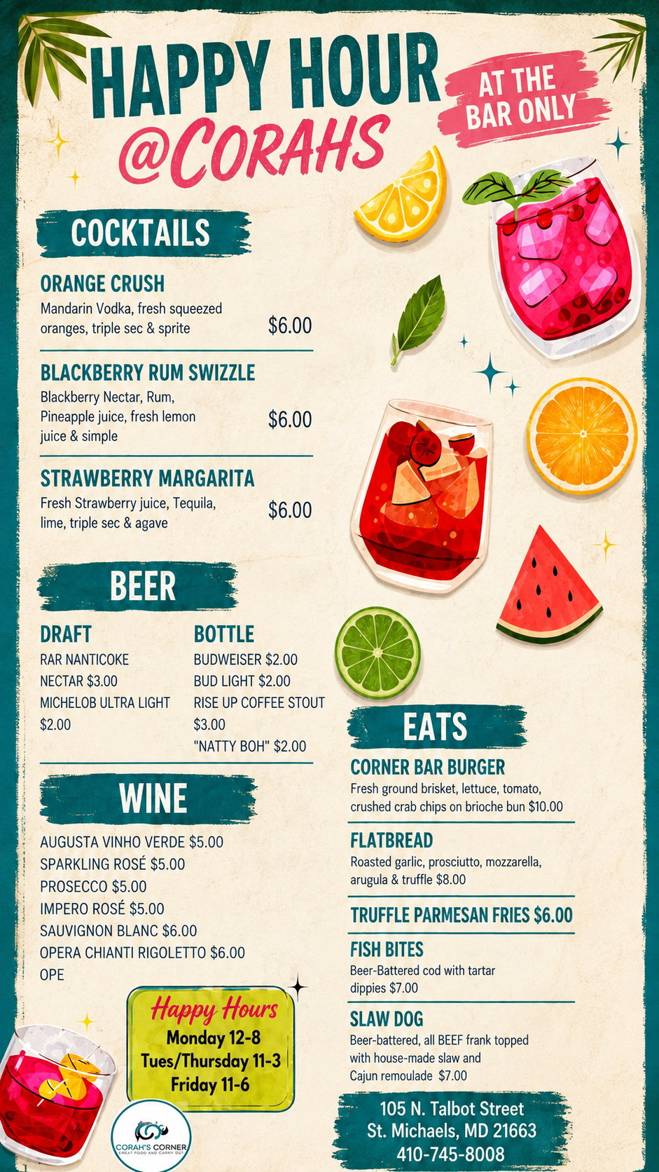 Happy Hour at Corahs - Cocktails, Beer, Wine & Eats