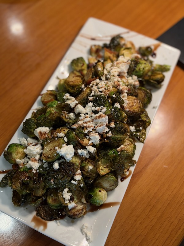 Fried Brussels Sprouts with Bacon, Balsamic & Crumbled Feta