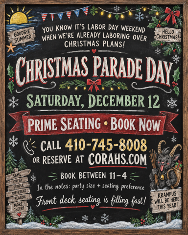 Christmas Parade Day at Corah's Corner Chalkboard - Saturday, December 12