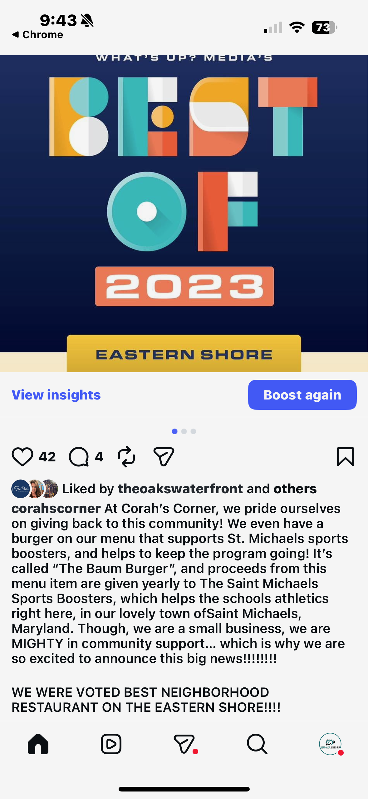 Voted Best Neighborhood Restaurant on the Eastern Shore 2023