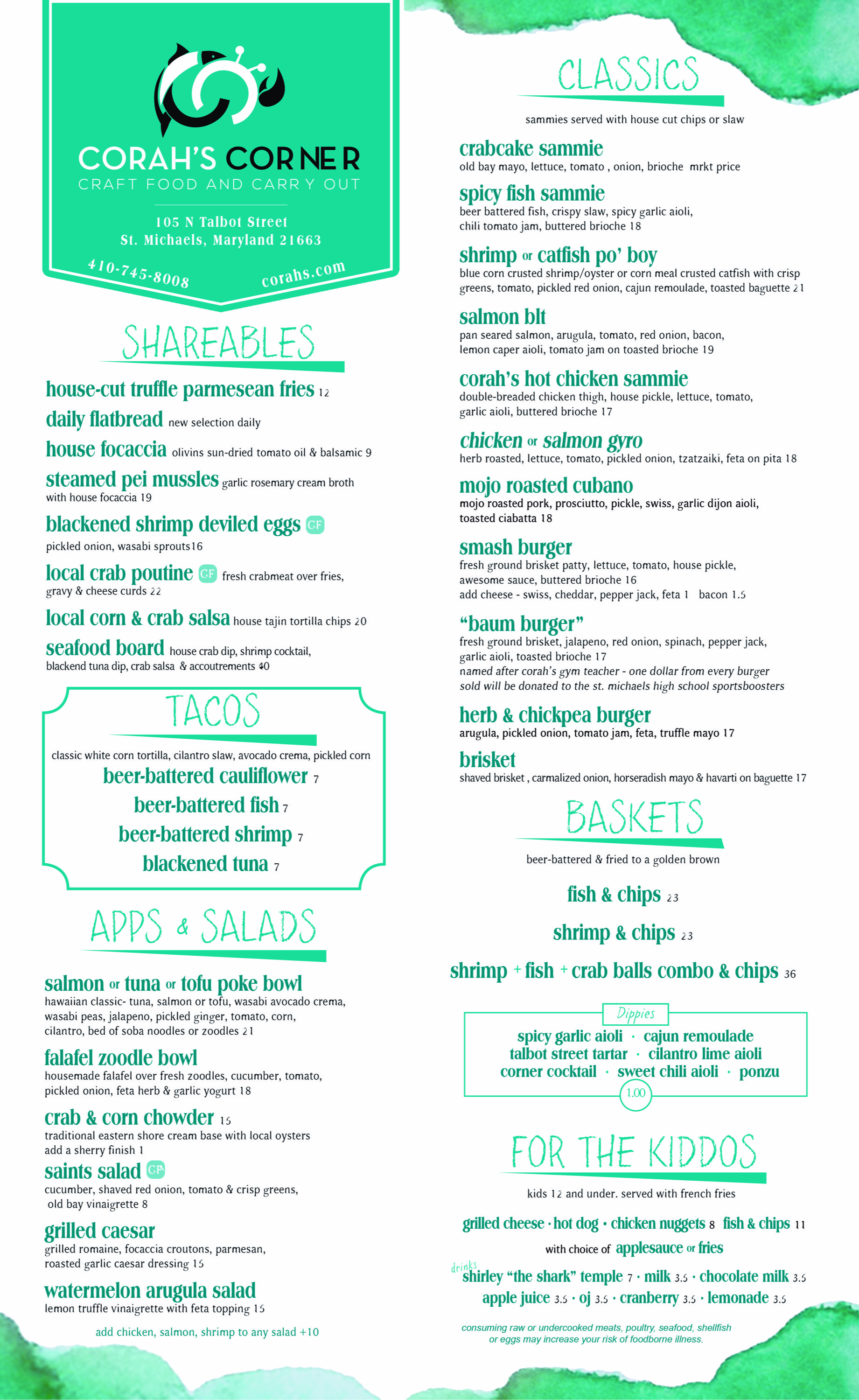 Corah's Corner Food Menu