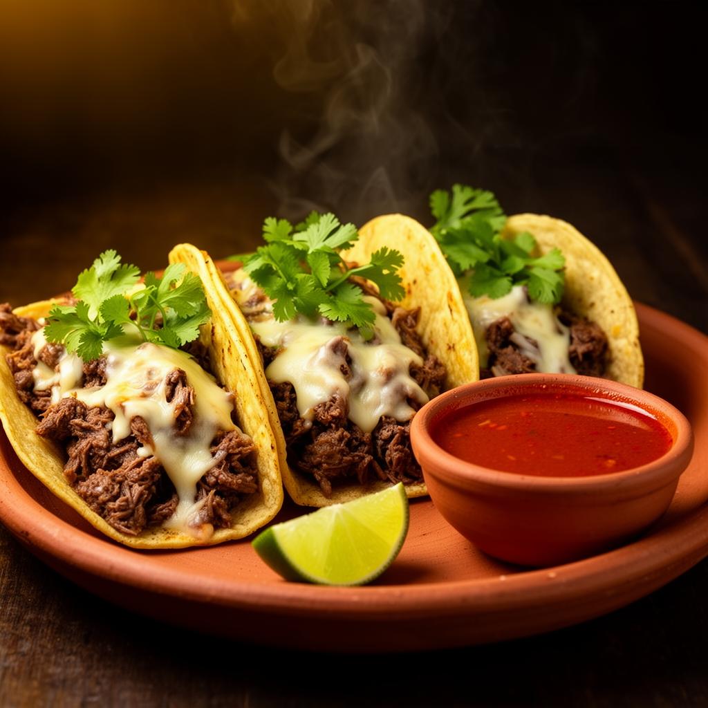 Crazy Fork sizzling birria tacos with consommé dipping sauce