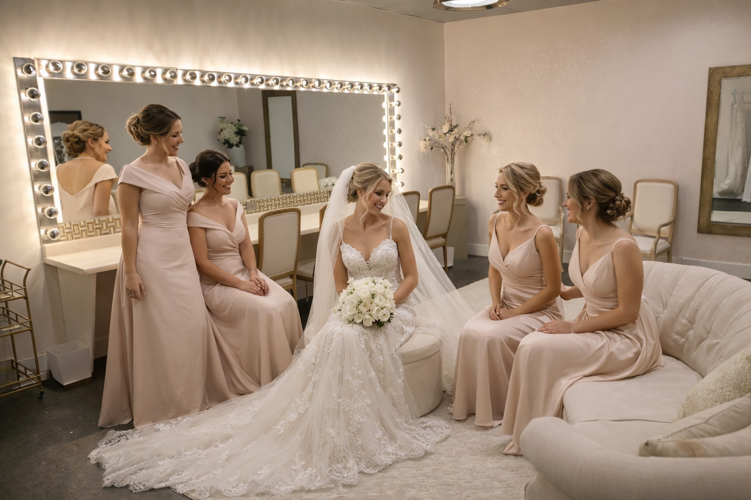 Bride and bridesmaids getting ready in the luxurious bridal suite at Suite One Eleven Event Venue