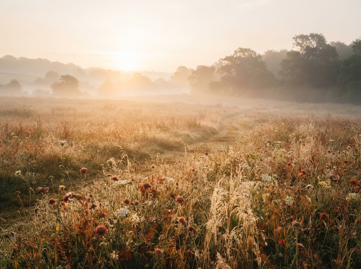 Peaceful misty meadow symbolizing emotional renewal