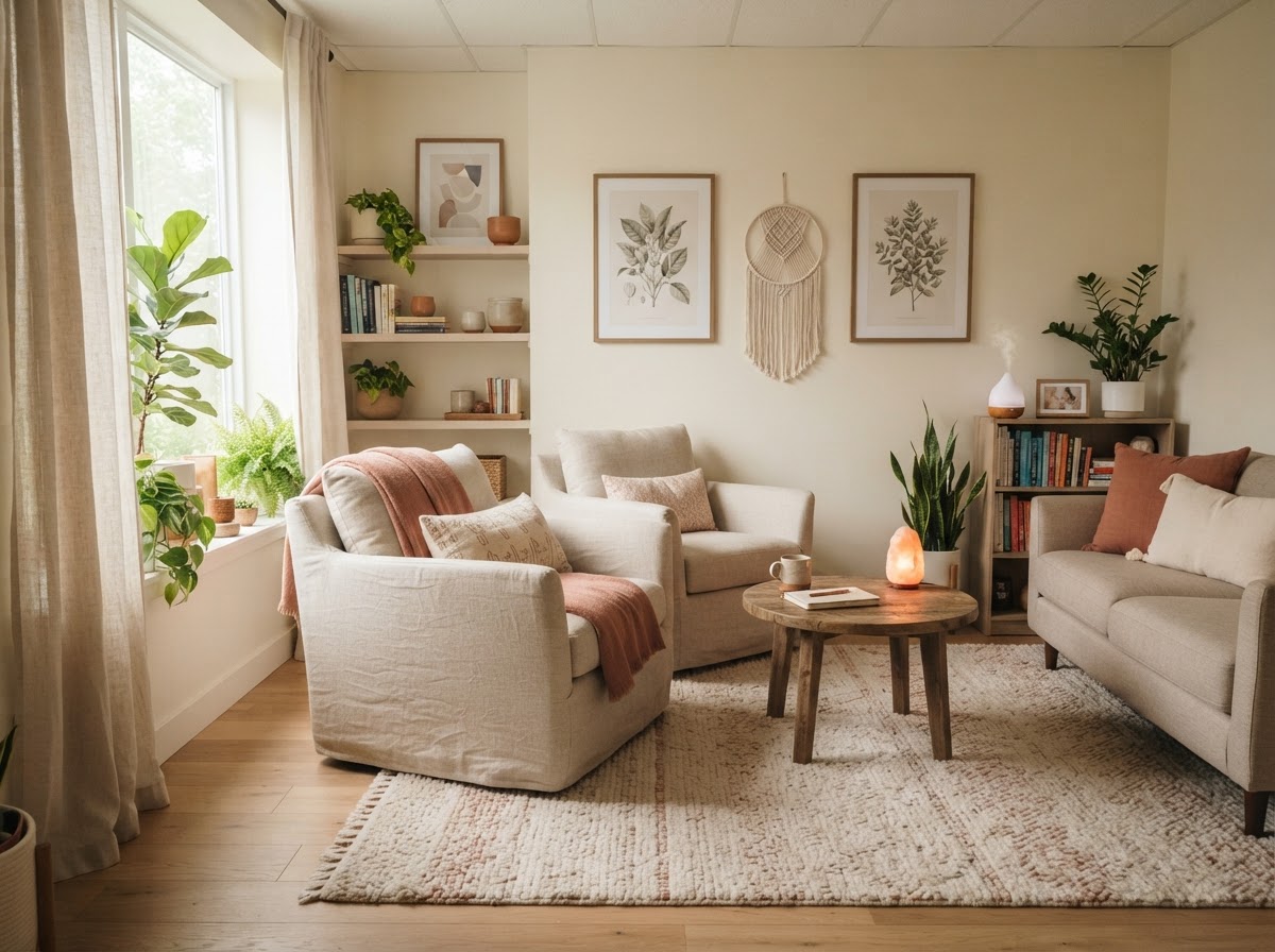 Warm, inviting therapy room for depression counseling